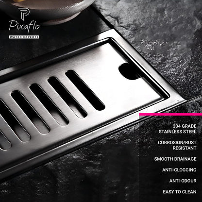 Pixaflo Vertical Shower Drain Channel | 12 × 4 Inches | 304 Stainless Steel Shower Water Drain Channel | Floor Drain Jali with Collar | Side Hole