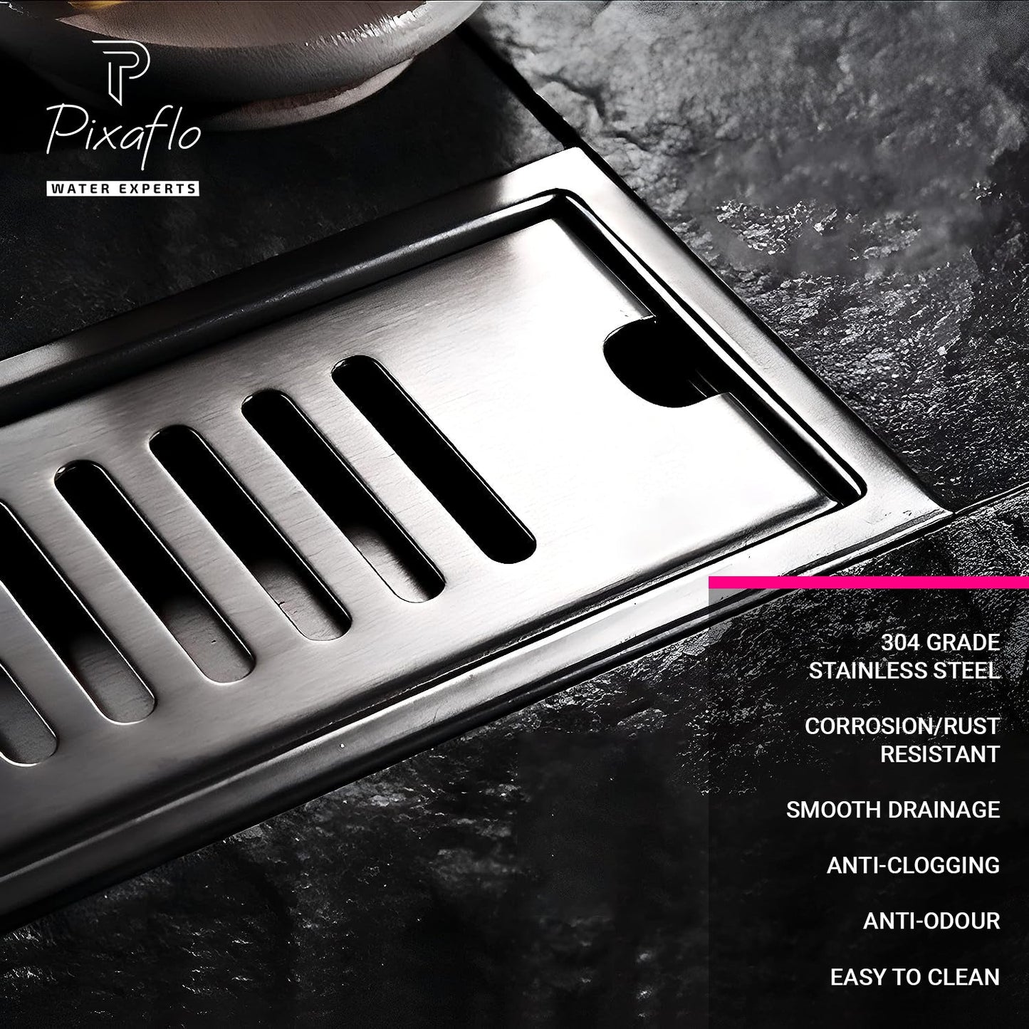 Pixaflo Vertical Shower Drain Channel Combo | 12 x 4 Inches | 304 Stainless Steel Shower Water Drain Channel | Floor Drain Jali with Collar | Side Hole | Pack of 2