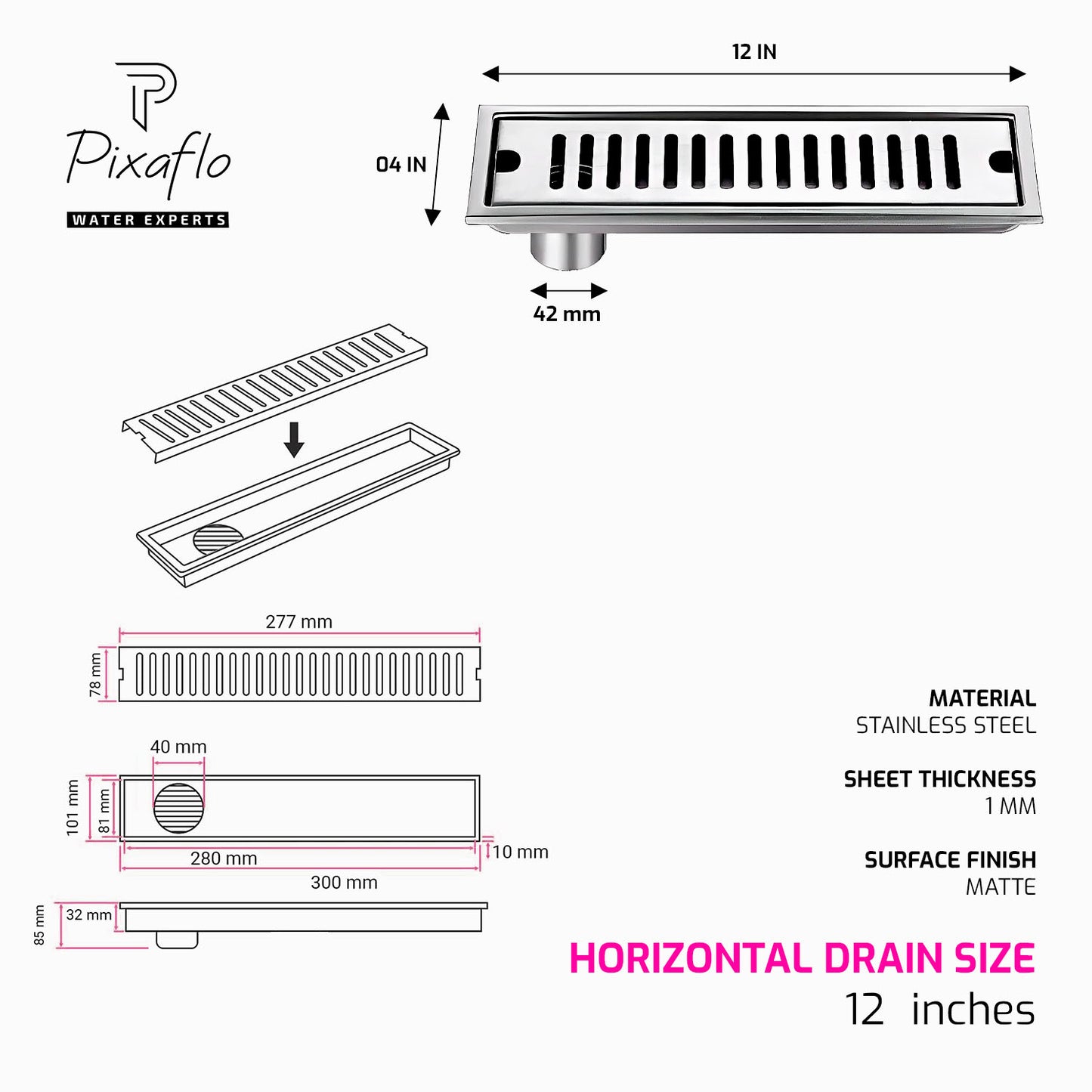 Pixaflo Vertical Shower Drain Channel | 12 × 4 Inches | 304 Stainless Steel Shower Water Drain Channel | Floor Drain Jali with Collar | Side Hole