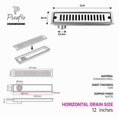 Pixaflo Vertical Shower Drain Channel | 12 × 4 Inches | 304 Stainless Steel Shower Water Drain Channel | Floor Drain Jali with Collar | Side Hole