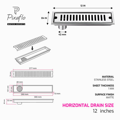 Pixaflo Vertical Shower Drain Channel Combo | 12 x 4 Inches | 304 Stainless Steel Shower Water Drain Channel | Floor Drain Jali with Collar | Side Hole | Pack of 2