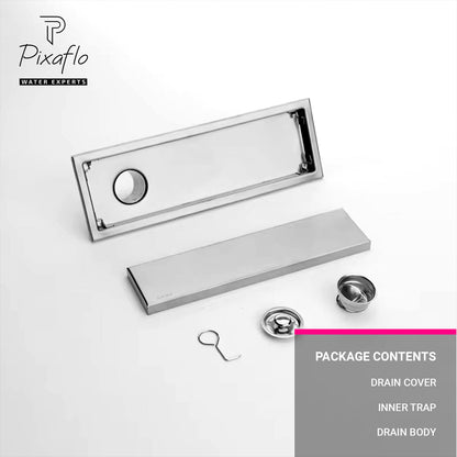 Pixaflo Tile Insert Shower Drain Channel | 12 x 4 inches | Invisible Floor Drain with Cockroach Trap | Side Hole | Compatible with 13mm Tiles | Durable 304 Stainless Steel Drain Jali with Collar