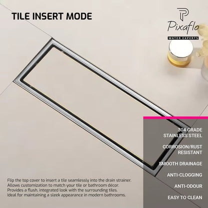 Pixaflo Tile Insert Shower Drain Channel | 12 x 4 inches | Invisible Floor Drain with Cockroach Trap | Side Hole | Compatible with 13mm Tiles | Durable 304 Stainless Steel Drain Jali with Collar