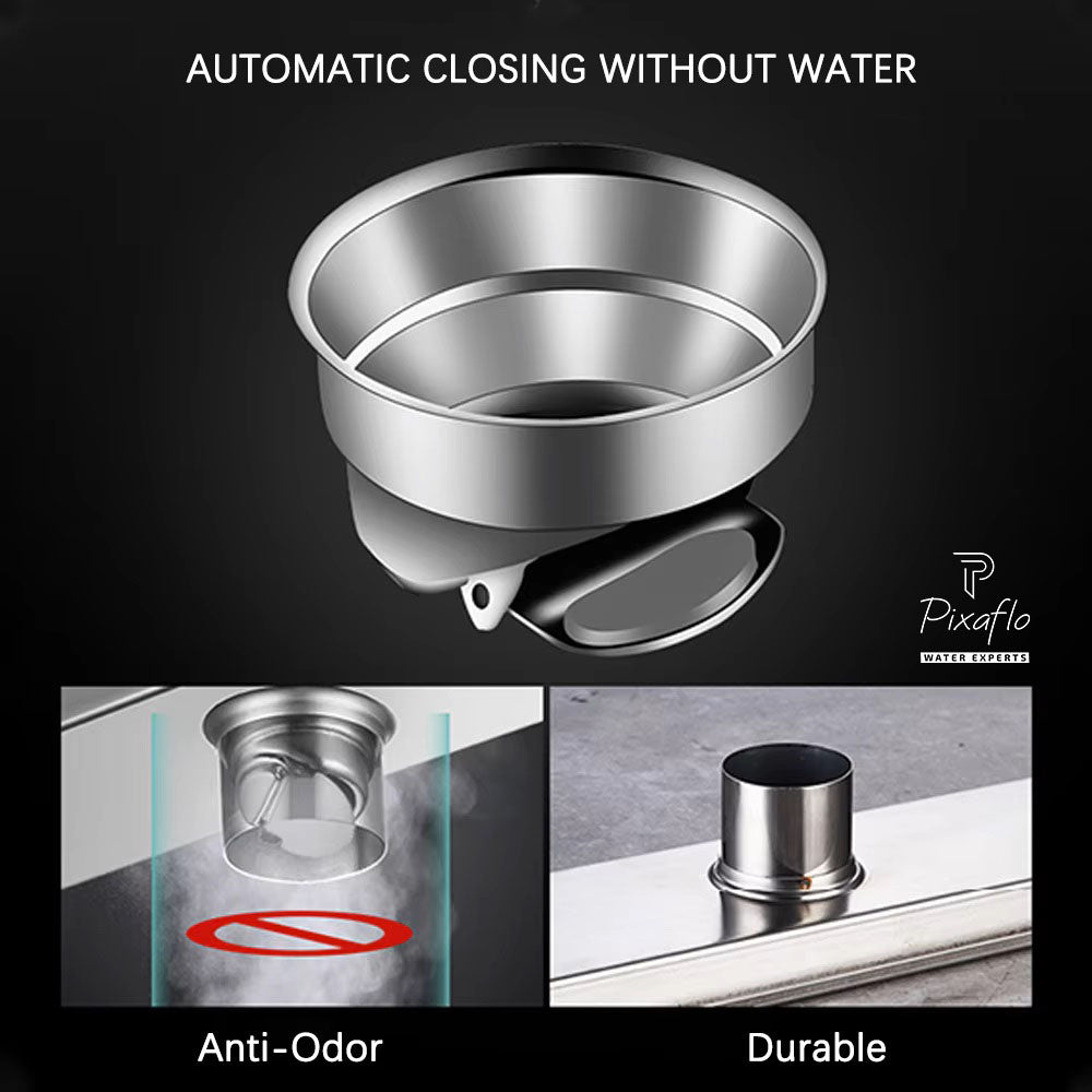 Pixaflo Tile Insert Shower Drain Channel | 12 x 4 inches | Invisible Floor Drain with Cockroach Trap | Side Hole | Compatible with 13mm Tiles | Durable 304 Stainless Steel Drain Jali with Collar