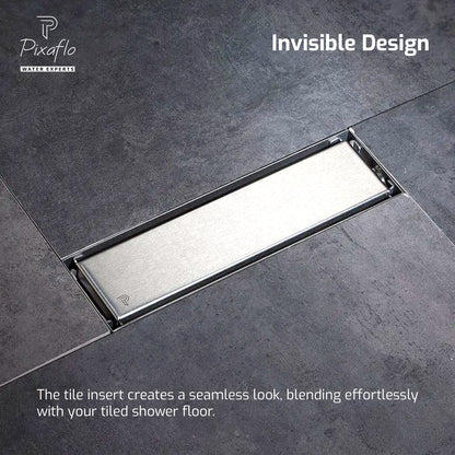 Pixaflo Tile Insert Shower Drain Channel | 12 x 4 inches | Invisible Floor Drain with Cockroach Trap | Side Hole | Compatible with 13mm Tiles | Durable 304 Stainless Steel Drain Jali with Collar
