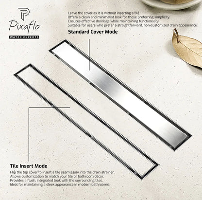 Pixaflo Tile Insert Shower Drain Channel | 12 x 4 inches | Invisible Floor Drain with Cockroach Trap | Side Hole | Compatible with 13mm Tiles | Durable 304 Stainless Steel Drain Jali with Collar