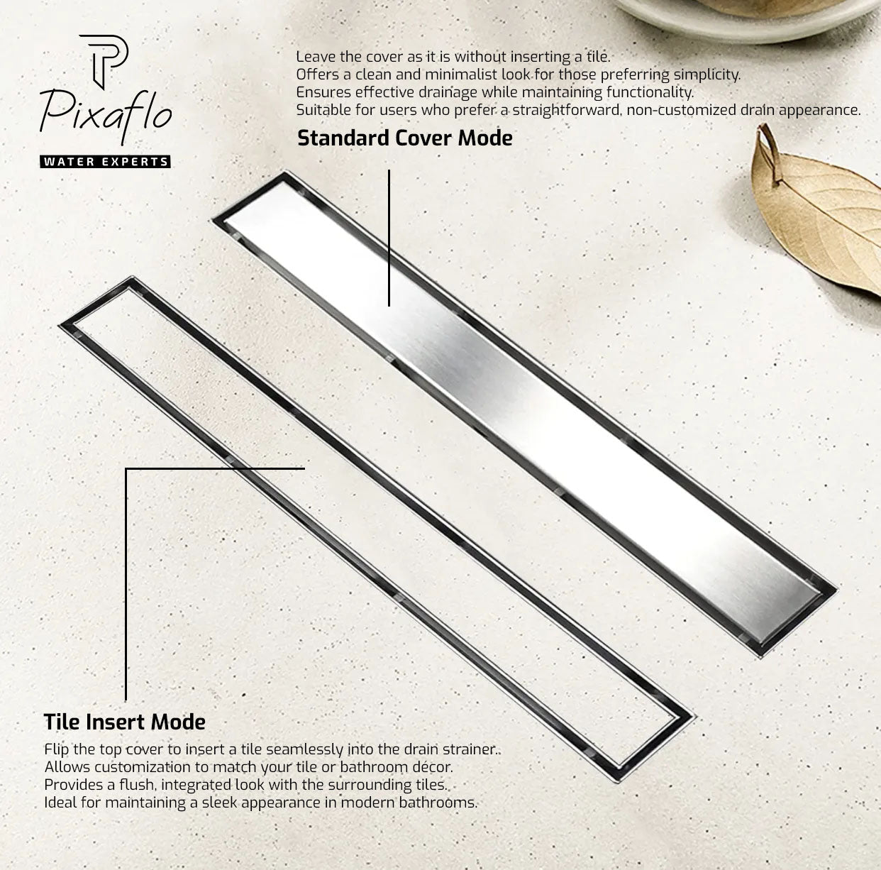 Pixaflo Tile Insert Shower Drain Channel Combo | 12 x 4 inches | Invisible Floor Drain with Cockroach Trap | Side Hole | Compatible with 13mm Tiles | Durable 304 Stainless Steel Drain Jali with Collar | Pack of 2