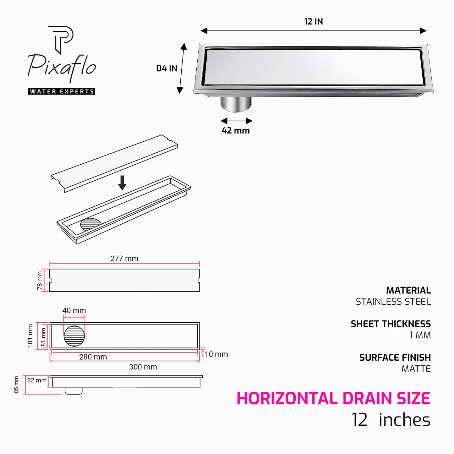 Pixaflo Tile Insert Shower Drain Channel | 12 x 4 inches | Invisible Floor Drain with Cockroach Trap | Side Hole | Compatible with 13mm Tiles | Durable 304 Stainless Steel Drain Jali with Collar