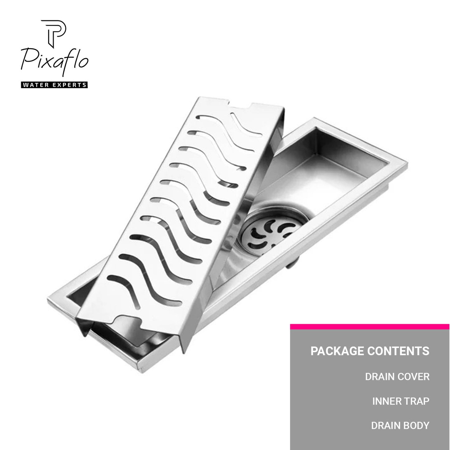 Pixaflo Wave Vertical Shower Drain Channel | 12 × 4 Inches | 304 Stainless Steel Shower Water Drain Channel | Floor Drain Jali with Collar | Side Hole