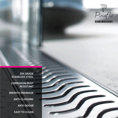 Pixaflo Wave Vertical Shower Drain Channel | 12 × 4 Inches | 304 Stainless Steel Shower Water Drain Channel | Floor Drain Jali with Collar | Side Hole