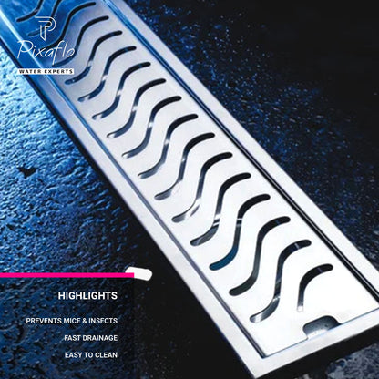Pixaflo Wave Vertical Shower Drain Channel | 12 × 4 Inches | 304 Stainless Steel Shower Water Drain Channel | Floor Drain Jali with Collar | Side Hole
