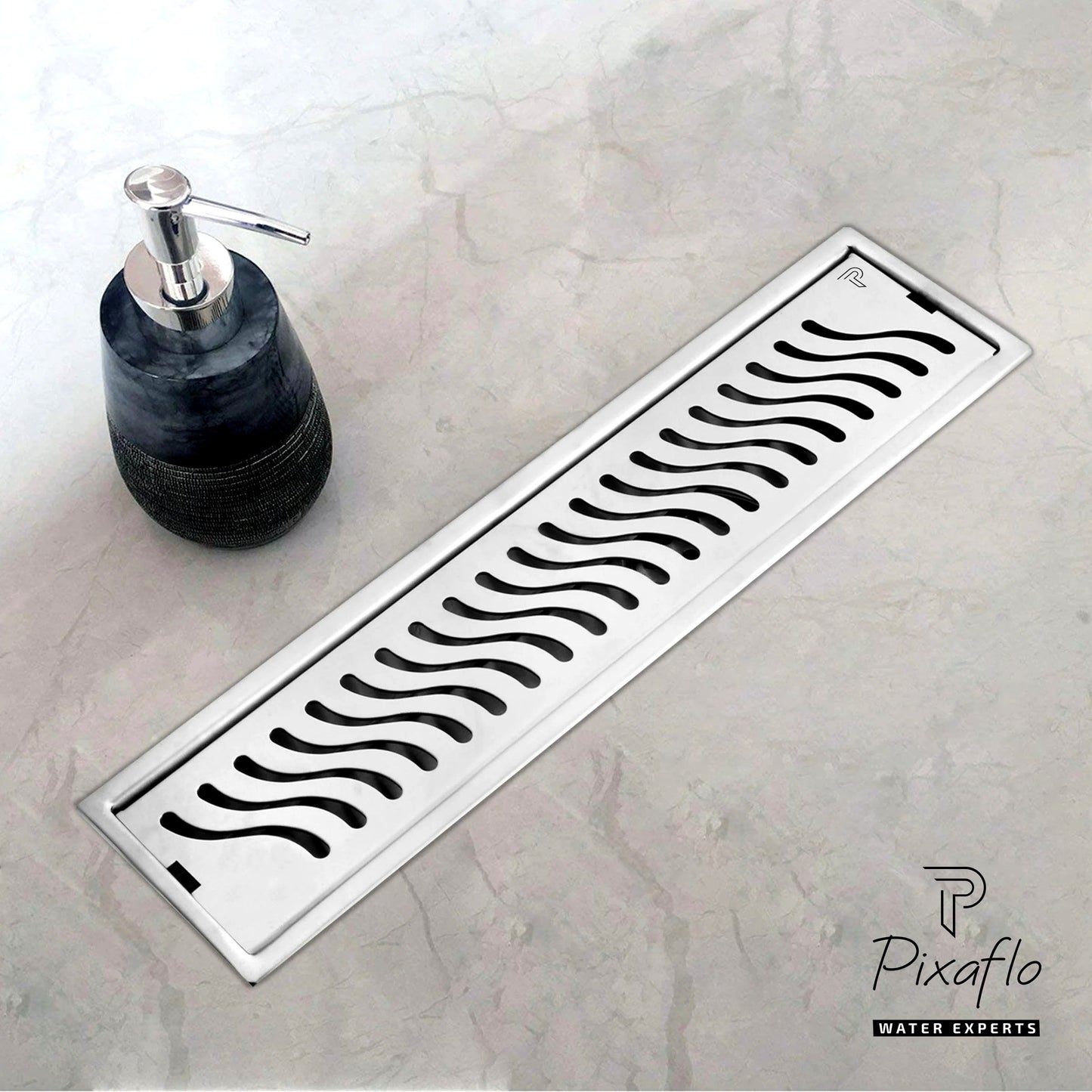 Pixaflo Wave Vertical Shower Drain Channel | 12 × 4 Inches | 304 Stainless Steel Shower Water Drain Channel | Floor Drain Jali with Collar | Side Hole