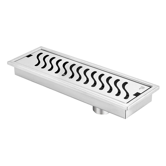 Pixaflo Wave Vertical Shower Drain Channel | 12 × 4 Inches | 304 Stainless Steel Shower Water Drain Channel | Floor Drain Jali with Collar | Side Hole