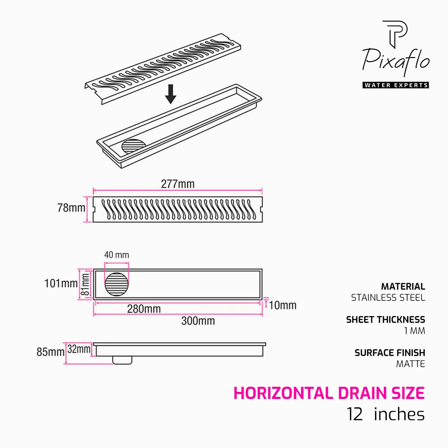 Pixaflo Wave Vertical Shower Drain Channel | 12 × 4 Inches | 304 Stainless Steel Shower Water Drain Channel | Floor Drain Jali with Collar | Side Hole