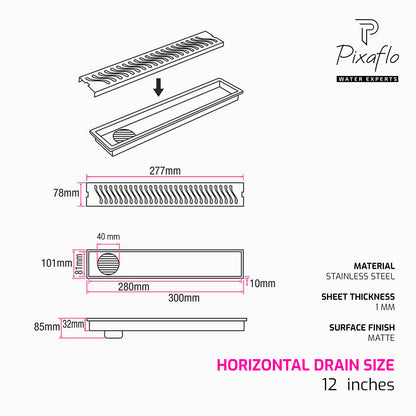 Pixaflo Wave Vertical Shower Drain Channel | 12 × 4 Inches | 304 Stainless Steel Shower Water Drain Channel | Floor Drain Jali with Collar | Side Hole