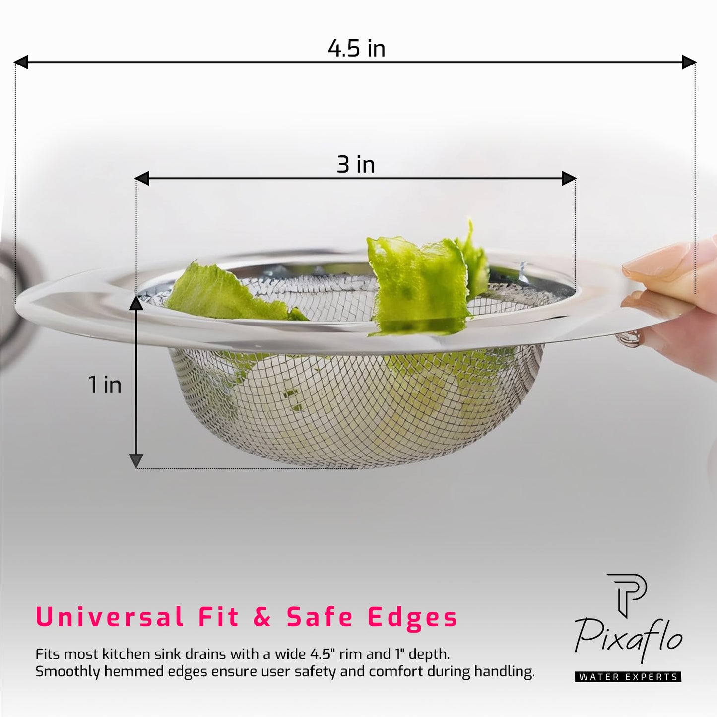 Pixaflo Stainless Steel Sink Strainer Jali for Kitchen Drain – Fine Mesh Filter Stopper for Food Waste – Anti-Clog Sink Drain Basket (4.5 Inch / 11.5 cm)