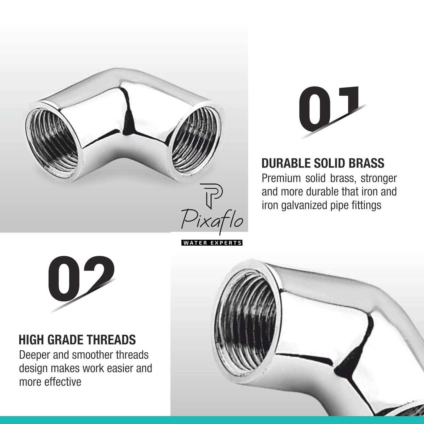 Pixaflo Brass 1.5 inch 90 degree Heavy Elbow Connector for Pipe Fittings | 250g | Solid Heavy Brass | Chrome Finish | Female Thread