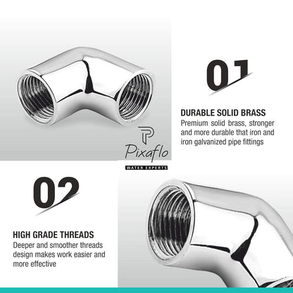 Pixaflo Brass 1.5 inch 90 degree Heavy Elbow Connector for Pipe Fittings | 250g | Solid Heavy Brass | Chrome Finish | Female Thread