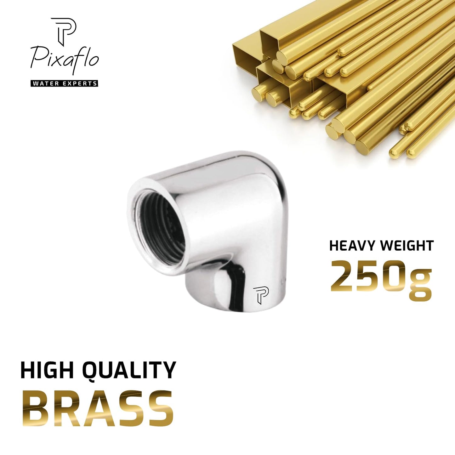Pixaflo Brass 1.5 inch 90 degree Heavy Elbow Connector for Pipe Fittings | 250g | Solid Heavy Brass | Chrome Finish | Female Thread
