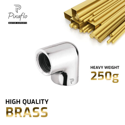 Pixaflo Brass 1.5 inch 90 degree Heavy Elbow Connector for Pipe Fittings | 250g | Solid Heavy Brass | Chrome Finish | Female Thread