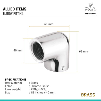 Pixaflo Brass 1.5 inch 90 degree Heavy Elbow Connector for Pipe Fittings | 250g | Solid Heavy Brass | Chrome Finish | Female Thread