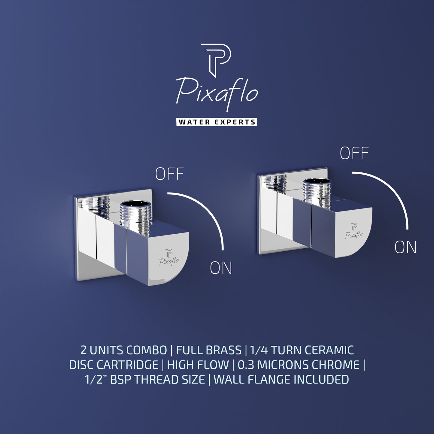 Pixaflo Extant Brass Angle Valve Combo | Stop Cock with Wall Flange | Chrome Finish | Pack of 2