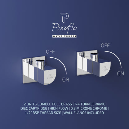 Pixaflo Extant Brass Angle Valve Combo | Stop Cock with Wall Flange | Chrome Finish | Pack of 2