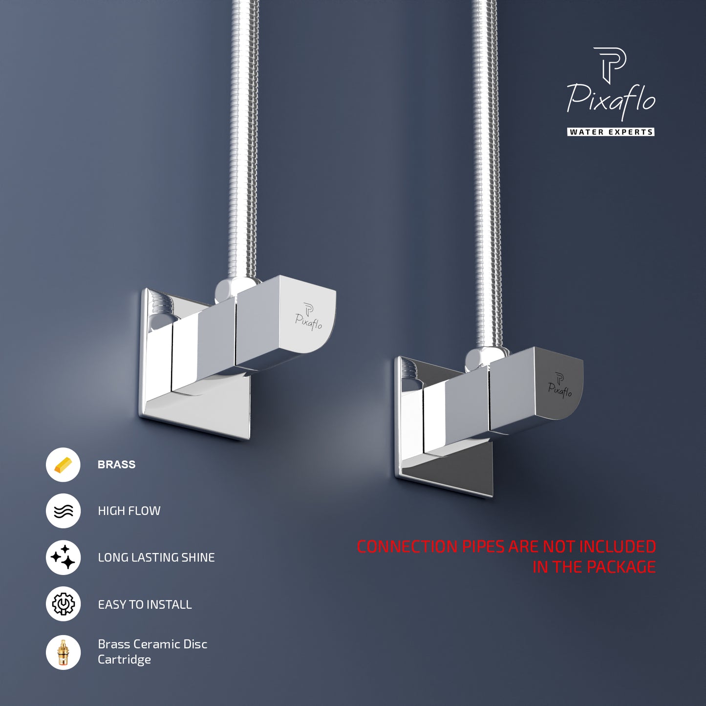 Pixaflo Extant Brass Angle Valve Combo | Stop Cock with Wall Flange | Chrome Finish | Pack of 2