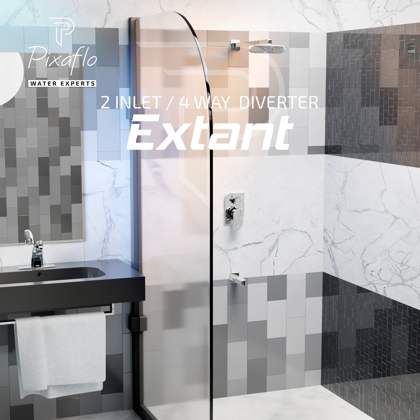 Pixaflo Brass Extant High Flow Single Lever 4 Way / 2 Inlet Diverter | Tic-Tac | Complete Set | Bathroom Shower System | Bathroom Mixer | Chrome Finish