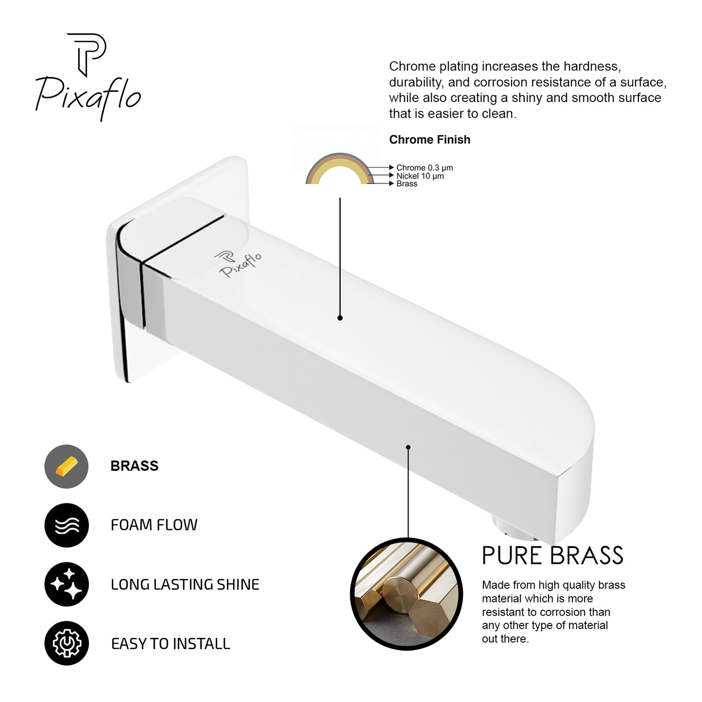 Pixaflo Extant Brass Bath Tub Spout with Wall Flange Combo | High Flow | Chrome | Pack of 2
