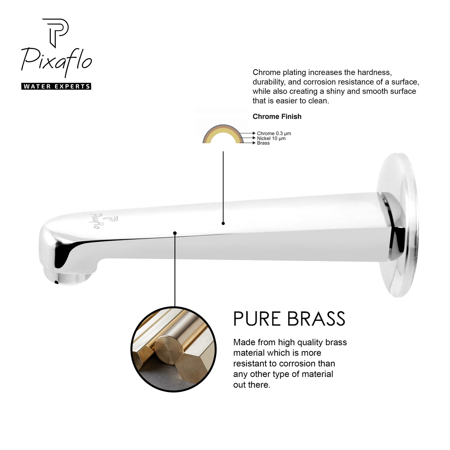 Pixaflo Focus Brass Bath Tub Spout with Wall Flange Combo | High Flow | Chrome | Pack of 2