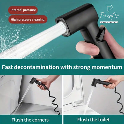 Pixaflo Compact 2-in-1 Angle Valve with Health Faucet, Shower Tube and Hook | Complete Set | Antique Black for Bathroom, Toilet, Wash Basin