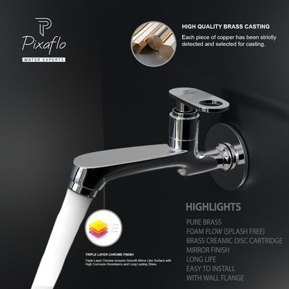 Pixaflo Curio Brass Long Body Bib Cock Tap with Wall Flange (Chrome)