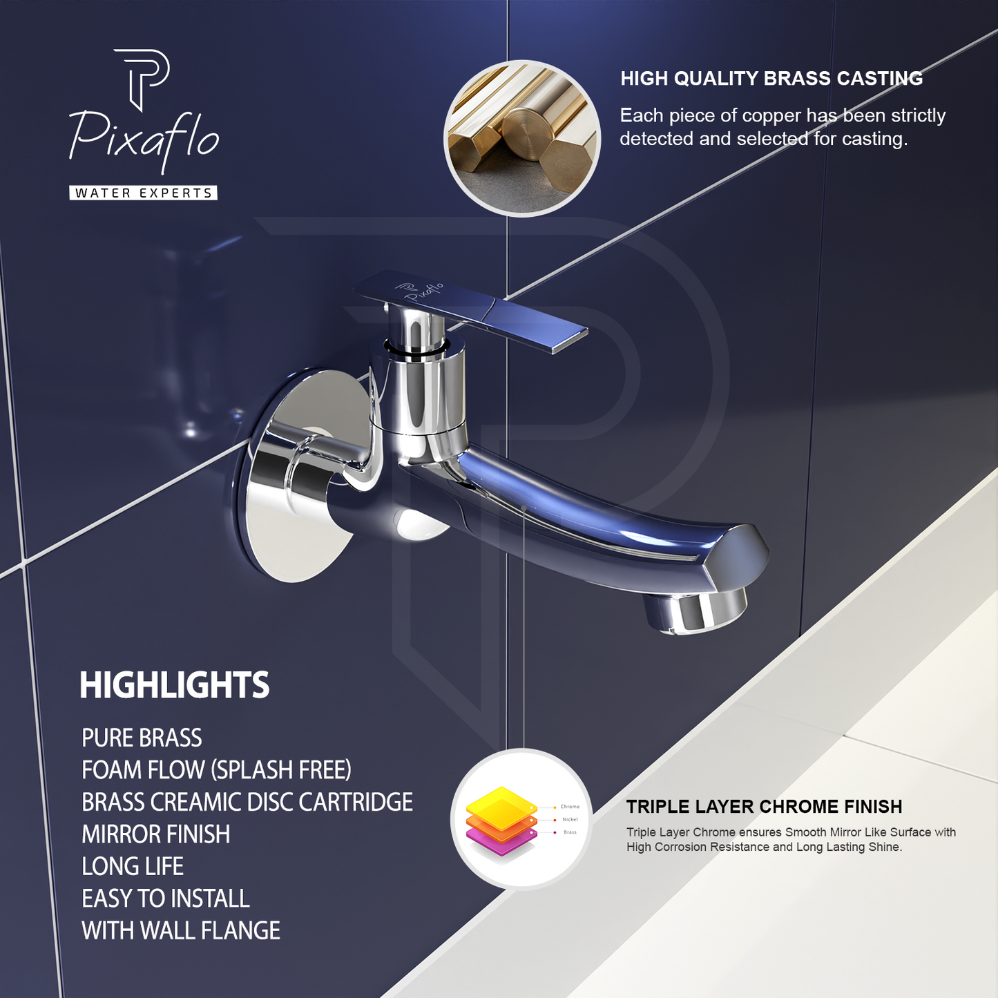 Pixaflo Concave-N Brass Long Body Bib Cock Tap with Wall Flange Combo | Chrome | Pack of 2
