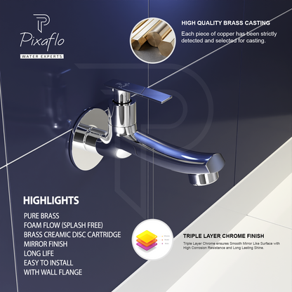 Pixaflo Concave-N Brass Long Body Bib Cock Tap with Wall Flange Combo | Chrome | Pack of 2