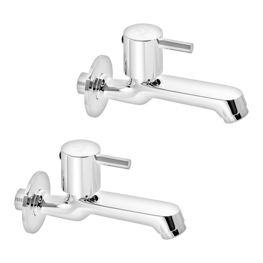 Pixaflo Florent Brass Long Body Bib Cock Tap with Wall Flange Combo | Chrome | Pack of 2