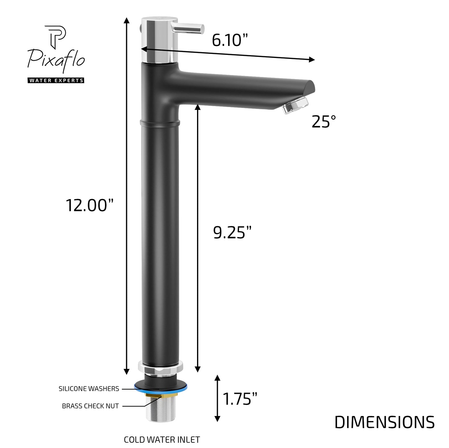 Pixaflo Florent Brass Extended Tall Body Pillar Cock 12 inch Tap for Wash Basin | Deck Mounted | Cold Water Tap (Not Hot & Cold Mixer) | Counter Top/Table Top Faucet | Foam Flow | Black Finish