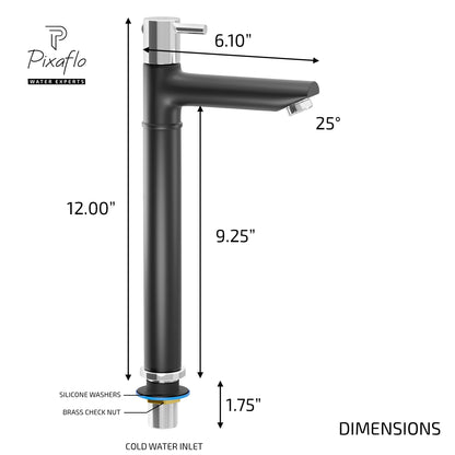 Pixaflo Florent Brass Extended Tall Body Pillar Cock 12 inch Tap for Wash Basin | Deck Mounted | Cold Water Tap (Not Hot & Cold Mixer) | Counter Top/Table Top Faucet | Foam Flow | Black Finish