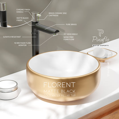 Pixaflo Florent Brass Extended Tall Body Pillar Cock 12 inch Tap for Wash Basin | Deck Mounted | Cold Water Tap (Not Hot & Cold Mixer) | Counter Top/Table Top Faucet | Foam Flow | Black Finish