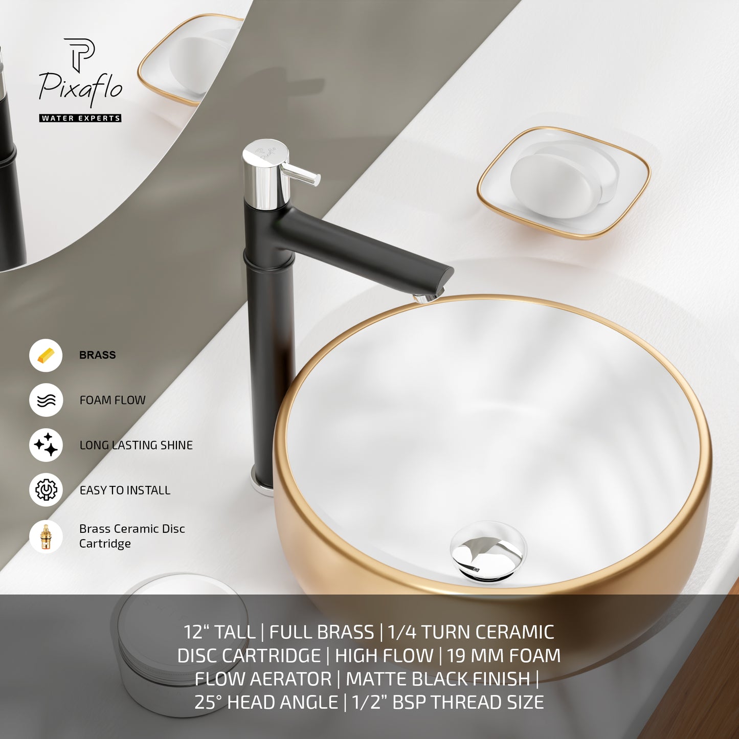Pixaflo Florent Brass Extended Tall Body Pillar Cock 12 inch Tap for Wash Basin | Deck Mounted | Cold Water Tap (Not Hot & Cold Mixer) | Counter Top/Table Top Faucet | Foam Flow | Black Finish