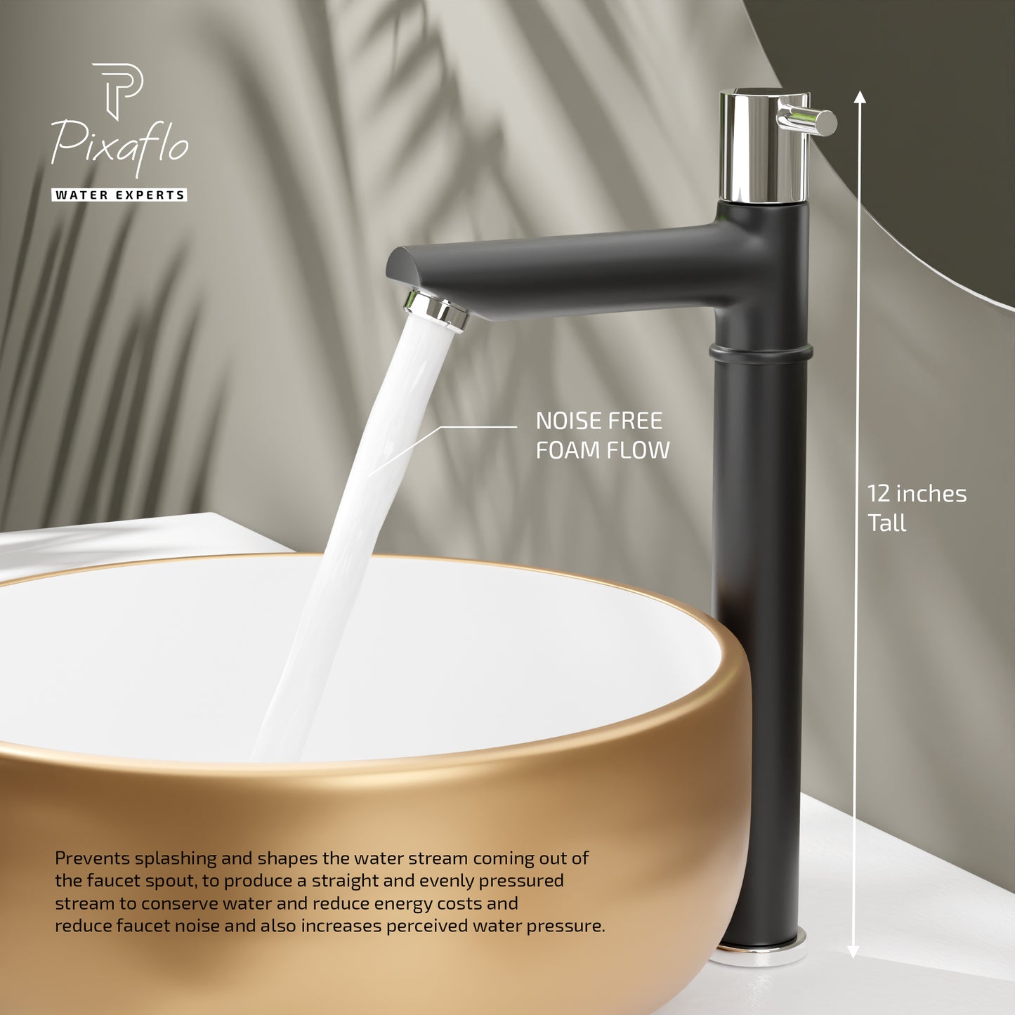 Pixaflo Florent Brass Extended Tall Body Pillar Cock 12 inch Tap for Wash Basin | Deck Mounted | Cold Water Tap (Not Hot & Cold Mixer) | Counter Top/Table Top Faucet | Foam Flow | Black Finish