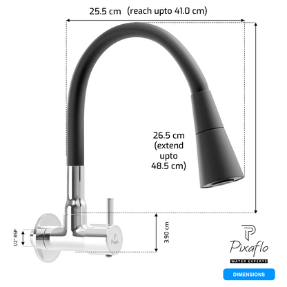 Pixaflo Florent Brass Sink Cock Tap with Wall Flange | with Black Dual Flow 360-degree Swivel Flexible Silicone Swivel Spout for Kitchen Sink | Wall Mounted