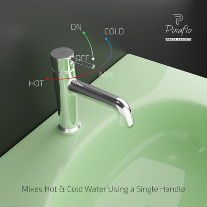 Pixaflo Florent-FX-8 Brass Extended Hot & Cold Single Lever Basin Mixer Tall Boy with 24 inches Braided Hoses | 12 inches Tall | Chrome