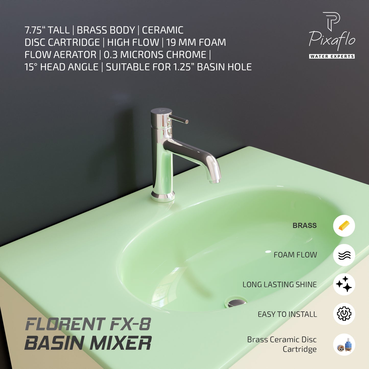 Pixaflo Florent-FX-8 Brass Extended Hot & Cold Single Lever Basin Mixer Tall Boy with 24 inches Braided Hoses | 12 inches Tall | Chrome