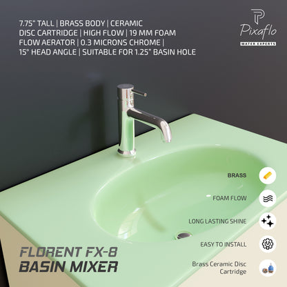 Pixaflo Florent-FX-8 Brass Extended Hot & Cold Single Lever Basin Mixer Tall Boy with 24 inches Braided Hoses | 12 inches Tall | Chrome