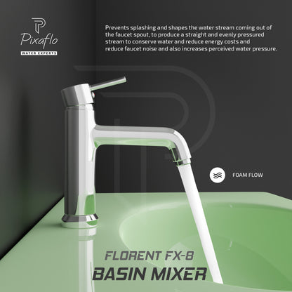 Pixaflo Florent-FX-8 Brass Extended Hot & Cold Single Lever Basin Mixer Tall Boy with 24 inches Braided Hoses | 12 inches Tall | Chrome