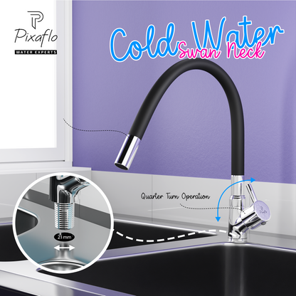 Pixaflo Florent Brass Swan Neck Tap | with Black Foam Flow 360-degree Swivel Flexible Silicone Swivel Spout for Kitchen Sink and Wash Basin