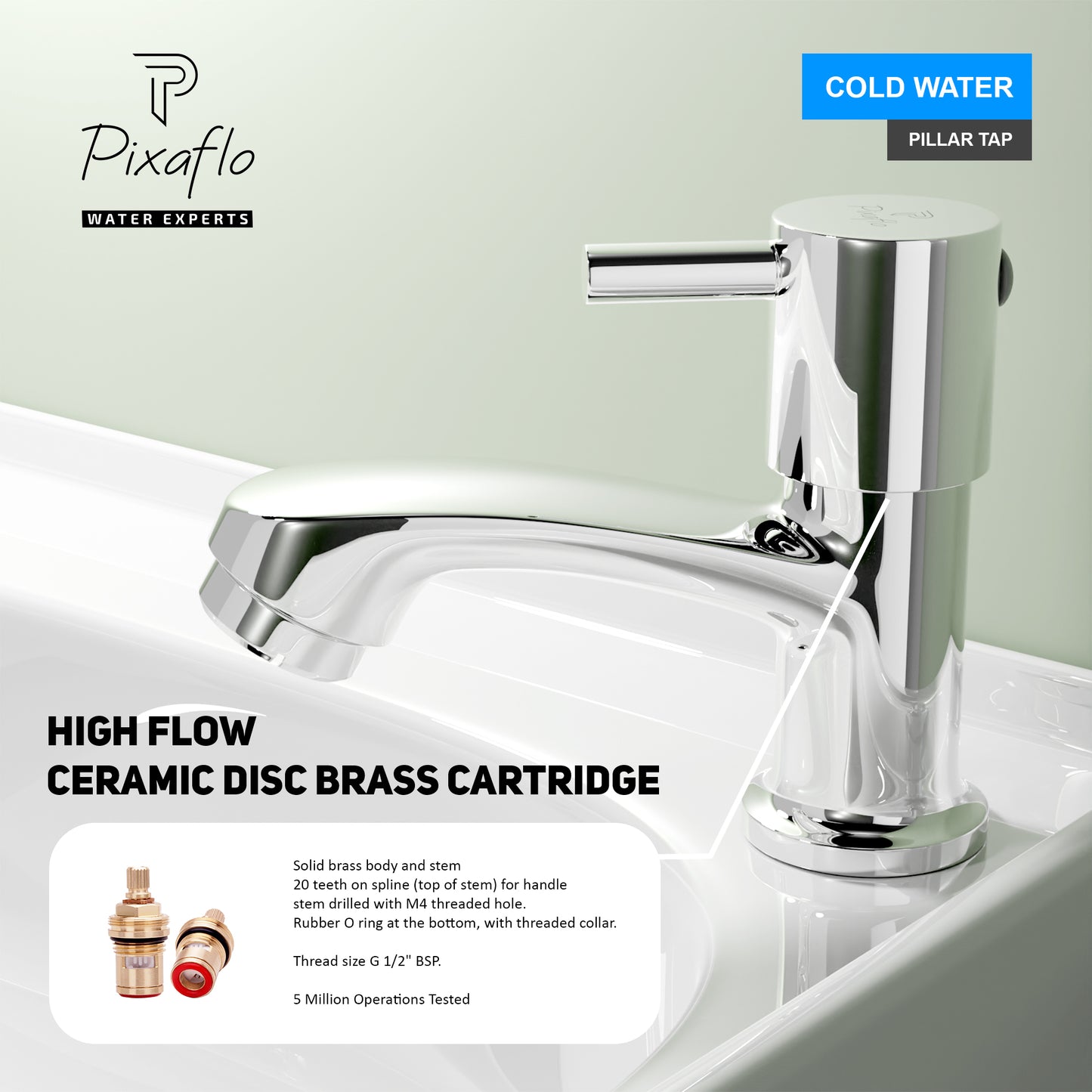 Pixaflo Florent Brass Pillar Tap for Wash Basin | Pillar Cock | Quarter-Turn | Ceramic Disc Cartridge | Foam Flow | Chrome Finish
