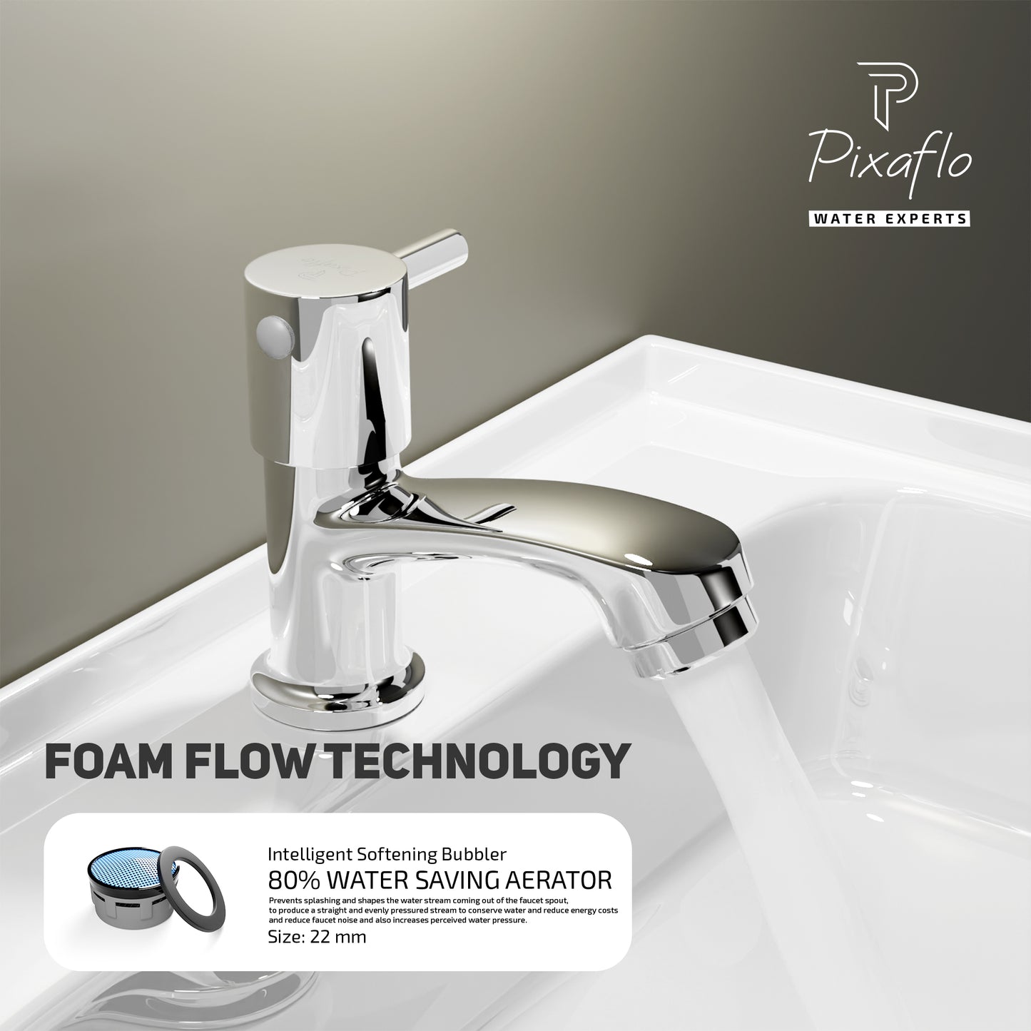 Pixaflo Florent Brass Pillar Tap for Wash Basin | Pillar Cock | Quarter-Turn | Ceramic Disc Cartridge | Foam Flow | Chrome Finish