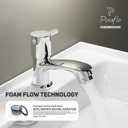 Pixaflo Florent Brass Pillar Tap for Wash Basin | Pillar Cock | Quarter-Turn | Ceramic Disc Cartridge | Foam Flow | Chrome Finish